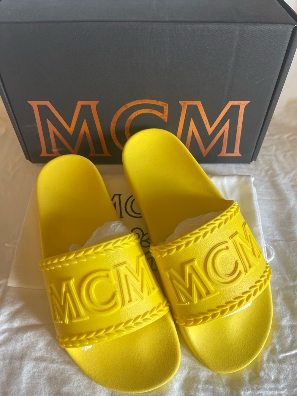 MCM Yellow Embossed Logo Slide Sandals